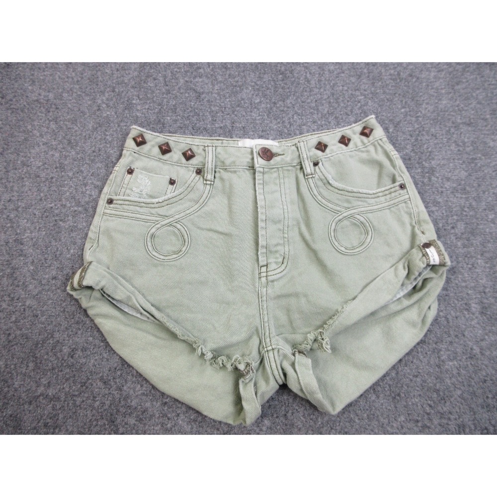 One Teaspoon Shorts Womens 27 Green Denim Bandits Studded Twisted Cuff Hem 28X12